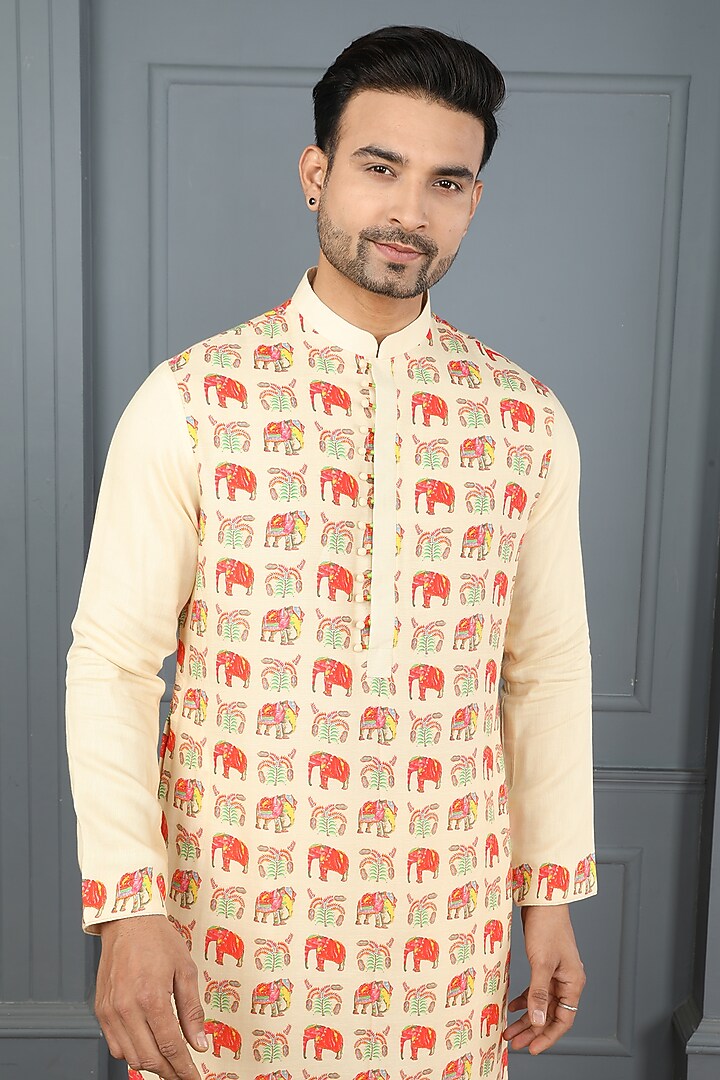 Yellow-Cream Viscose Elephant Printed Kurta Set by PARA at Pernia's Pop Up Shop