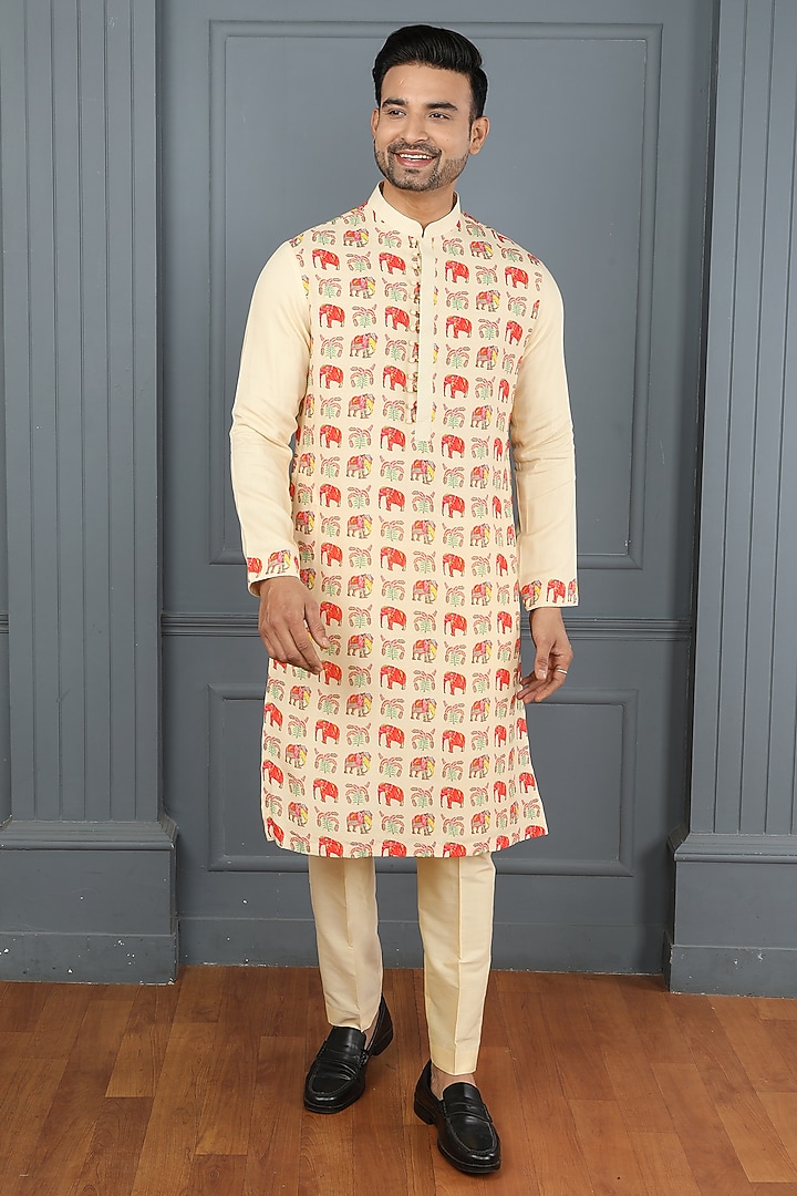 Yellow-Cream Viscose Elephant Printed Kurta Set by PARA at Pernia's Pop Up Shop