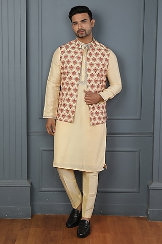 Yellow-Cream Viscose Elephant Printed Bundi Jacket Set by PARA