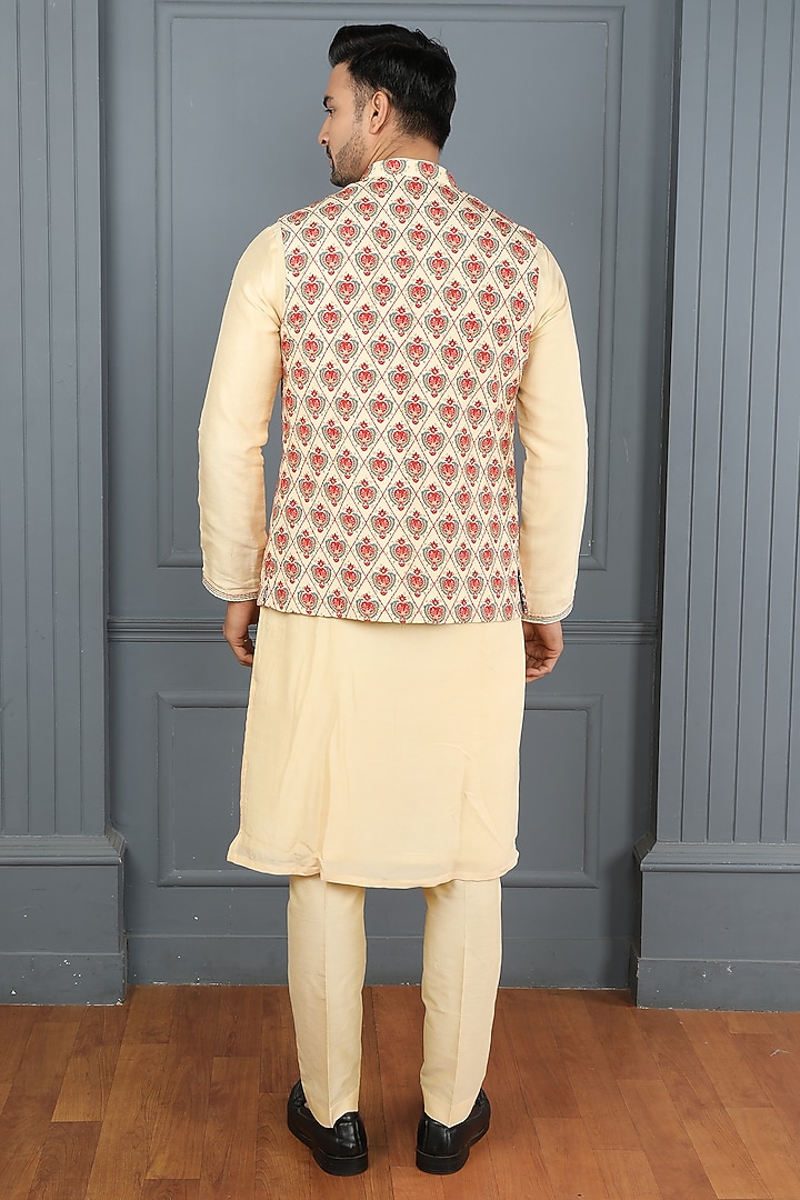 Yellow-Cream Viscose Elephant Printed Bundi Jacket Set by PARA at Pernia's Pop Up Shop