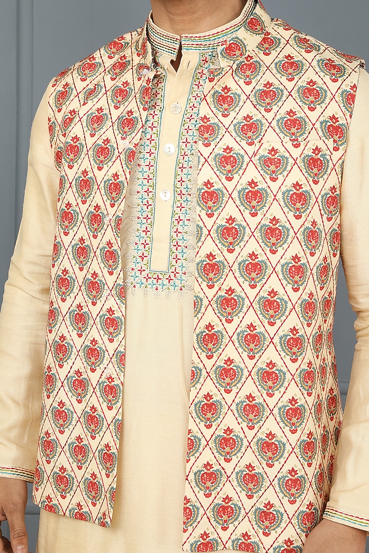 Yellow-Cream Viscose Elephant Printed Bundi Jacket Set by PARA at Pernia's Pop Up Shop