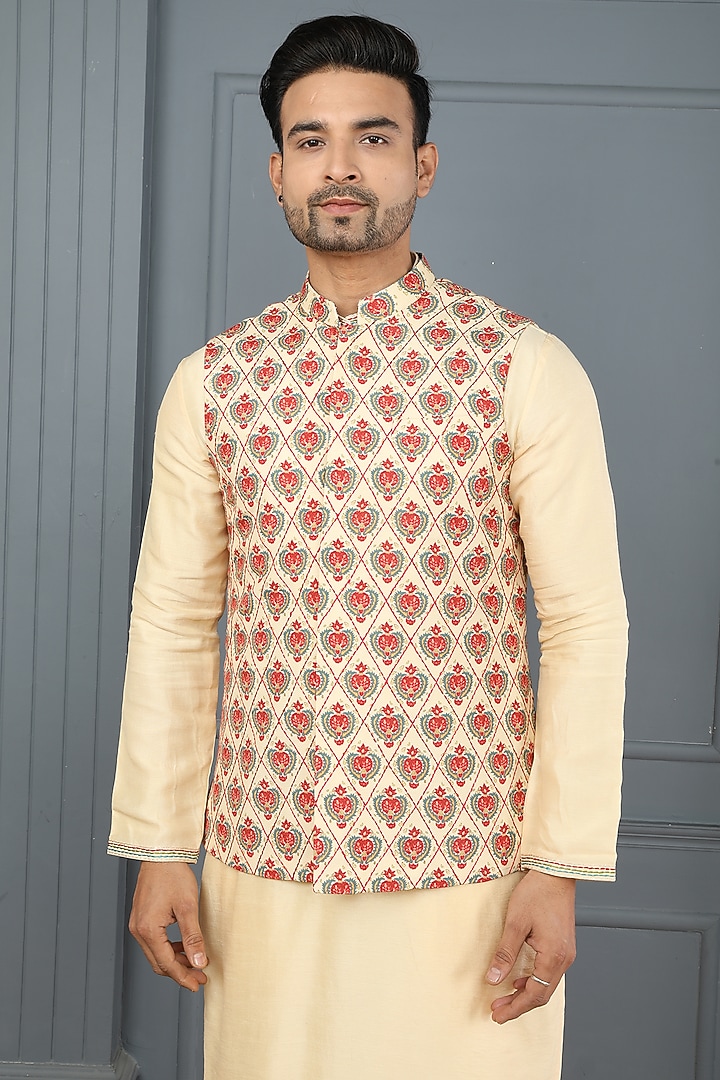 Yellow-Cream Viscose Elephant Printed Bundi Jacket Set by PARA at Pernia's Pop Up Shop