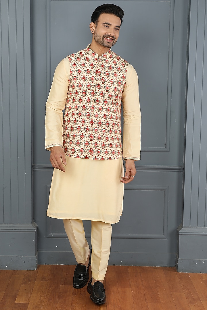 Yellow-Cream Viscose Elephant Printed Bundi Jacket Set by PARA at Pernia's Pop Up Shop