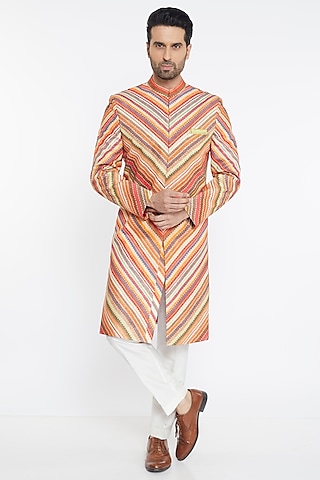 Multi-Coloured Slub Silk Sherwani Set by PARA