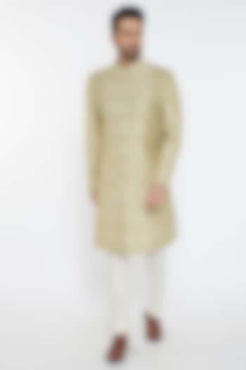 Green Slub Silk & Spun Silk Embellished Sherwani Set by PARA at Pernia's Pop Up Shop