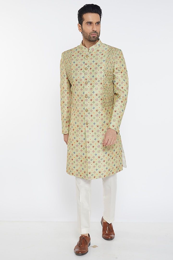 Green Slub Silk & Spun Silk Embellished Sherwani Set by PARA at Pernia's Pop Up Shop