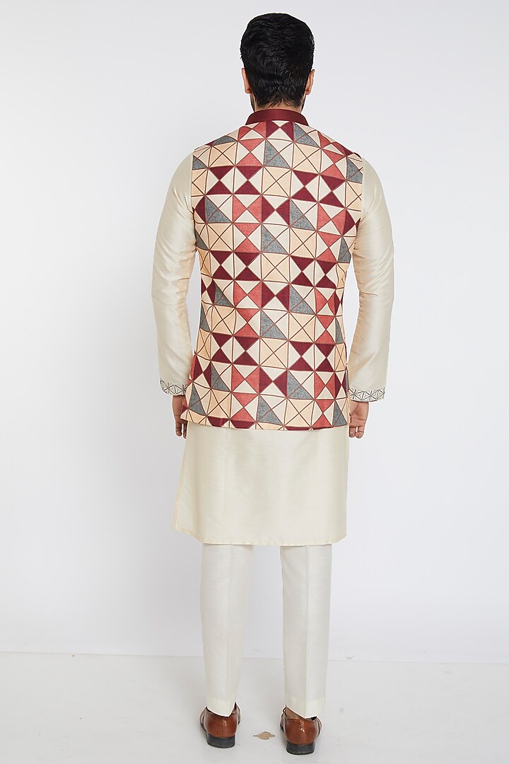 Cream & Maroon Printed Bundi Jacket With Kurta Set by PARA at Pernia's Pop Up Shop