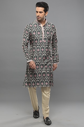 Greyish-Green Muslin Ikat Kurta Set by PARA