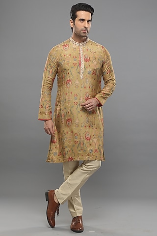 Olive Green Muslin Ikat Printed Kurta Set by PARA
