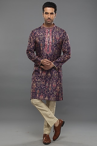 Purple Muslin Ikat Printed Kurta Set by PARA