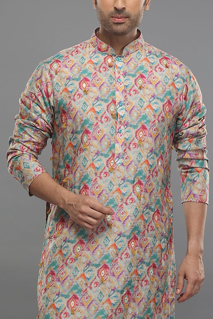 Multi-Colored Muslin Diamond Printed Kurta Set by PARA at Pernia's Pop Up Shop