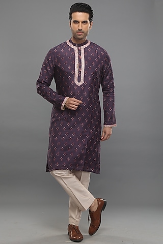 Purple Muslin Hand Embroidered & Printed Kurta Set by PARA
