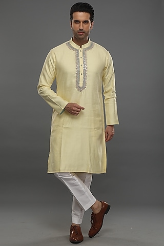 Yellow Jacquard Hand Embroidered Kurta Set by PARA