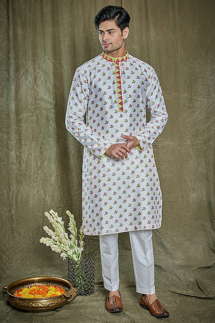 Cream Chanderi Silk Printed & Dori Work Kurta Set by PARA