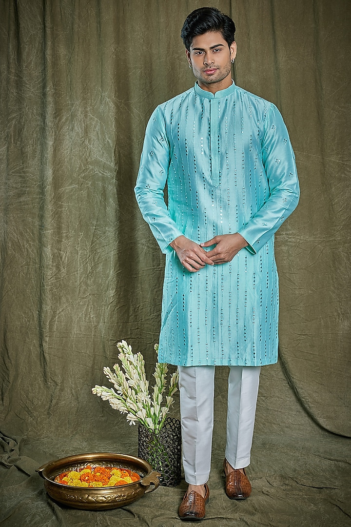 Turquoise Blue Chanderi Silk Abla Work Kurta Set by PARA