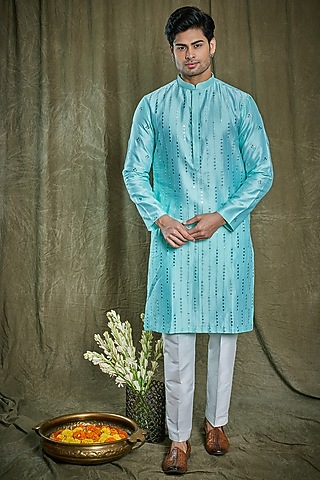 Turquoise Blue Chanderi Silk Abla Work Kurta Set by PARA