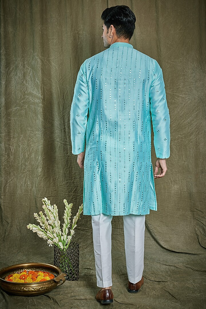Turquoise Blue Chanderi Silk Abla Work Kurta Set by PARA at Pernia's Pop Up Shop