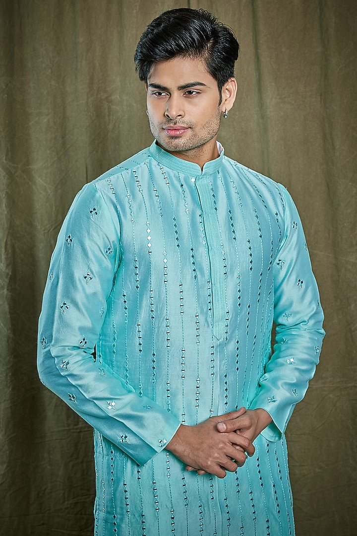 Turquoise Blue Chanderi Silk Abla Work Kurta Set by PARA at Pernia's Pop Up Shop
