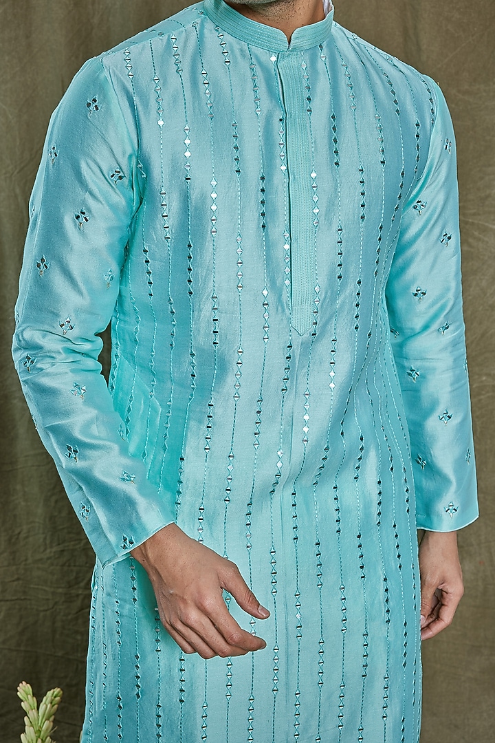 Turquoise Blue Chanderi Silk Abla Work Kurta Set by PARA at Pernia's Pop Up Shop