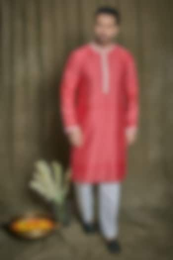 Red Chanderi Silk Embroidered Kurta Set by PARA