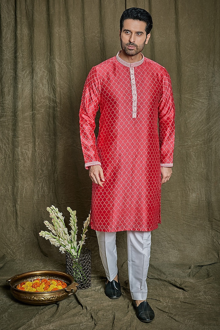 Red Chanderi Silk Embroidered Kurta Set by PARA