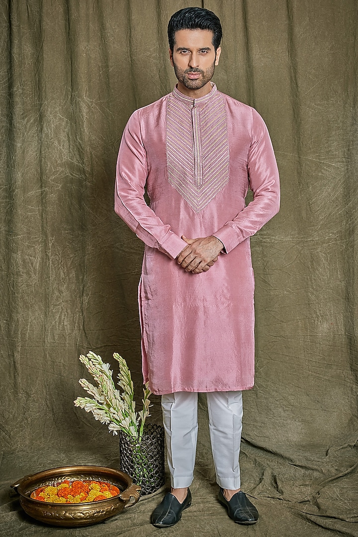 Onion Pink Pure Dupion Silk Thread Work Kurta Set by PARA