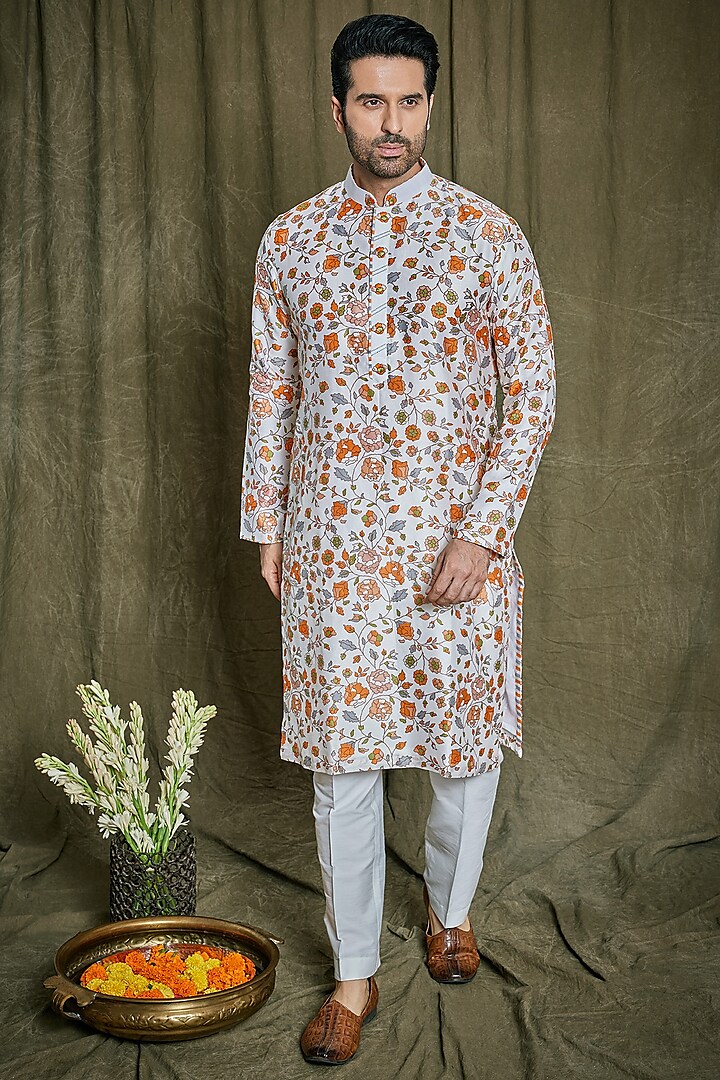 Orange Chanderi Silk Floral Printed Kurta Set by PARA