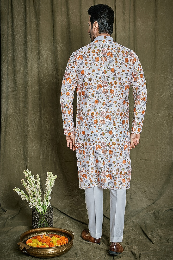 Orange Chanderi Silk Floral Printed Kurta Set by PARA at Pernia's Pop Up Shop