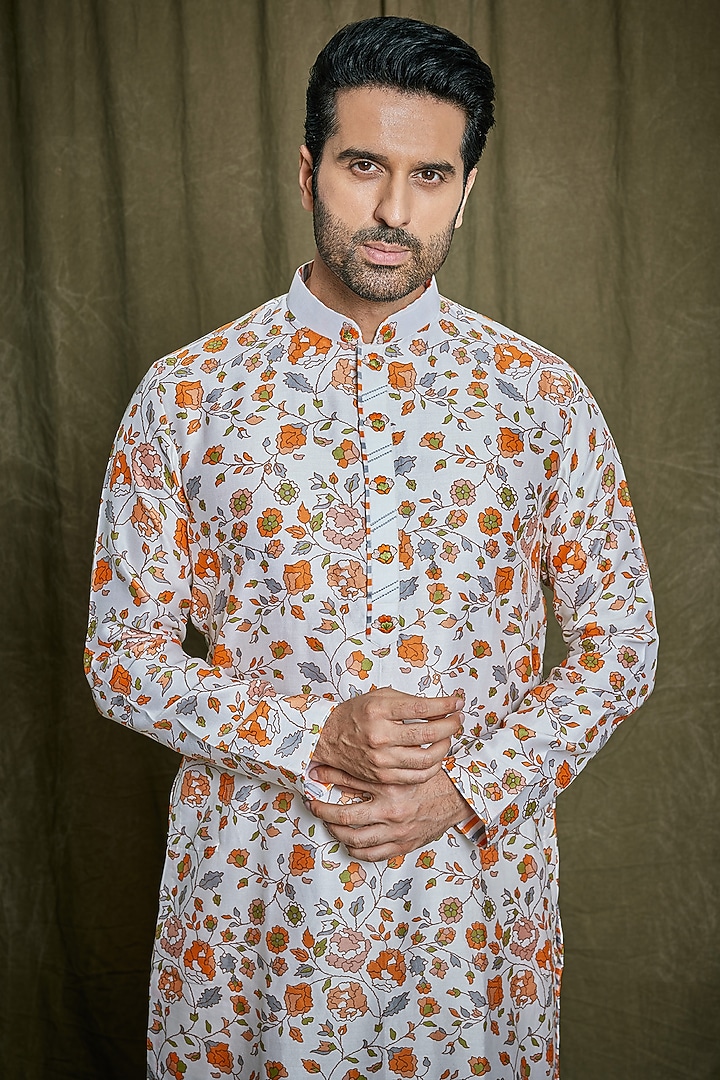 Orange Chanderi Silk Floral Printed Kurta Set by PARA at Pernia's Pop Up Shop