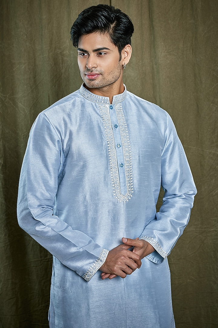 Sky Blue Dola Silk Resham Work Kurta Set by PARA at Pernia's Pop Up Shop