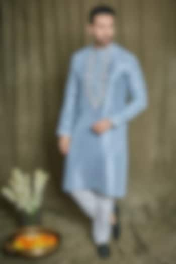 Grey Blue Pure Dupion Silk Resham Embroidered Kurta Set by PARA