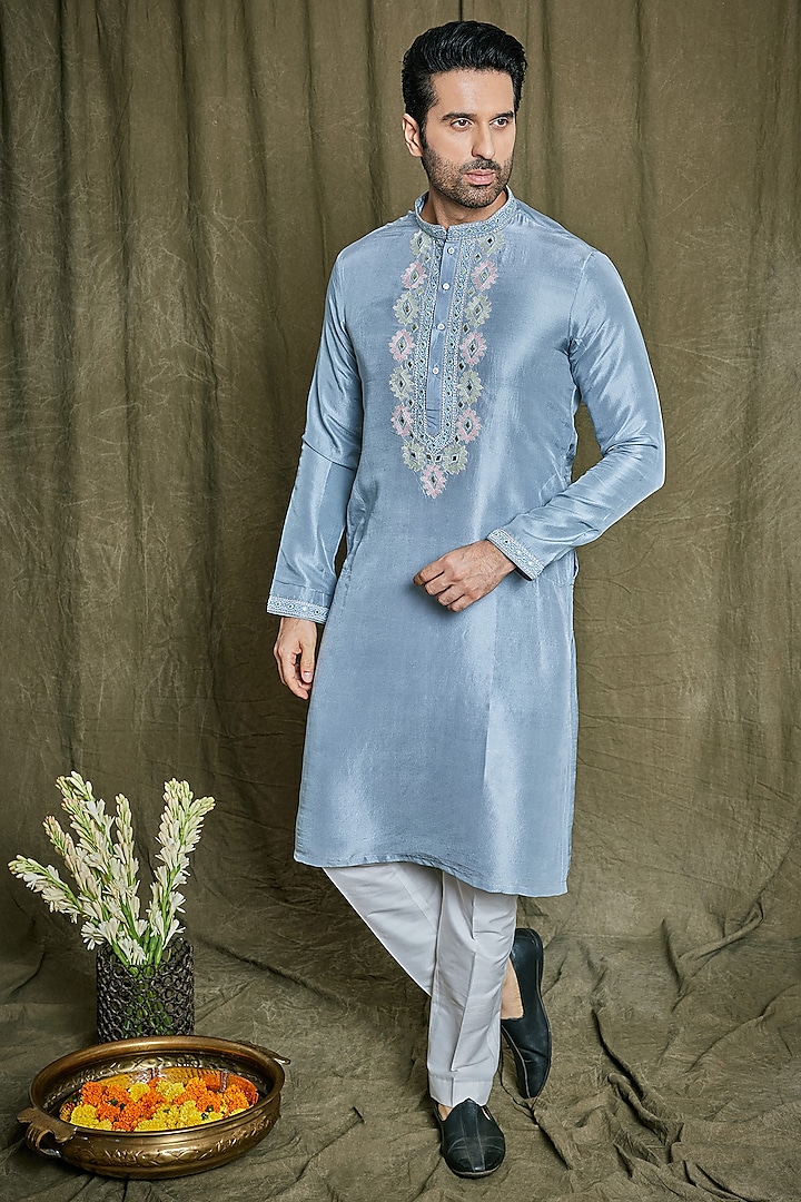 Grey Blue Pure Dupion Silk Resham Embroidered Kurta Set by PARA