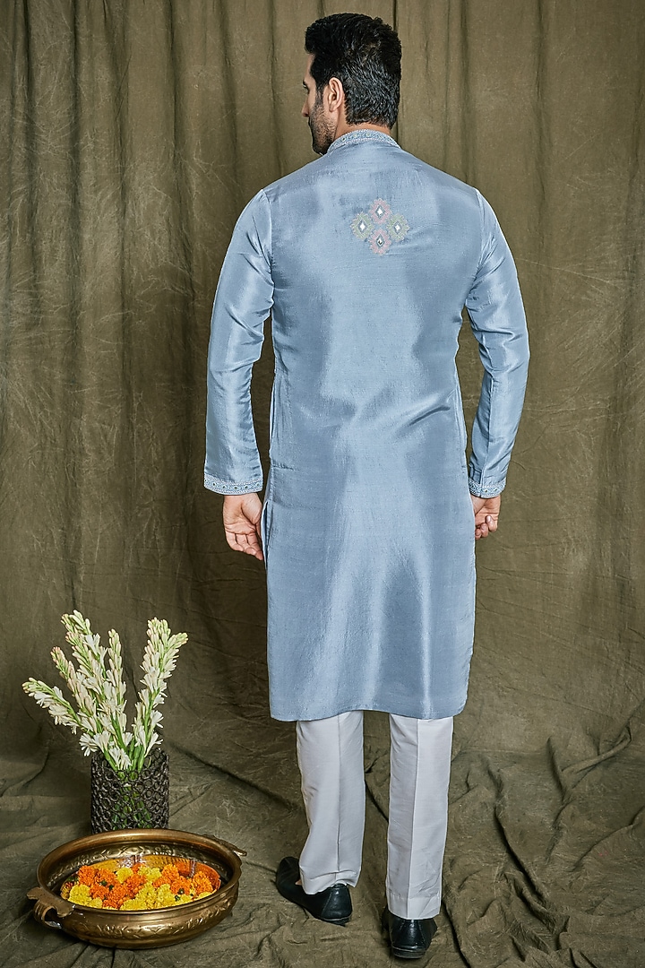 Grey Blue Pure Dupion Silk Resham Embroidered Kurta Set by PARA at Pernia's Pop Up Shop