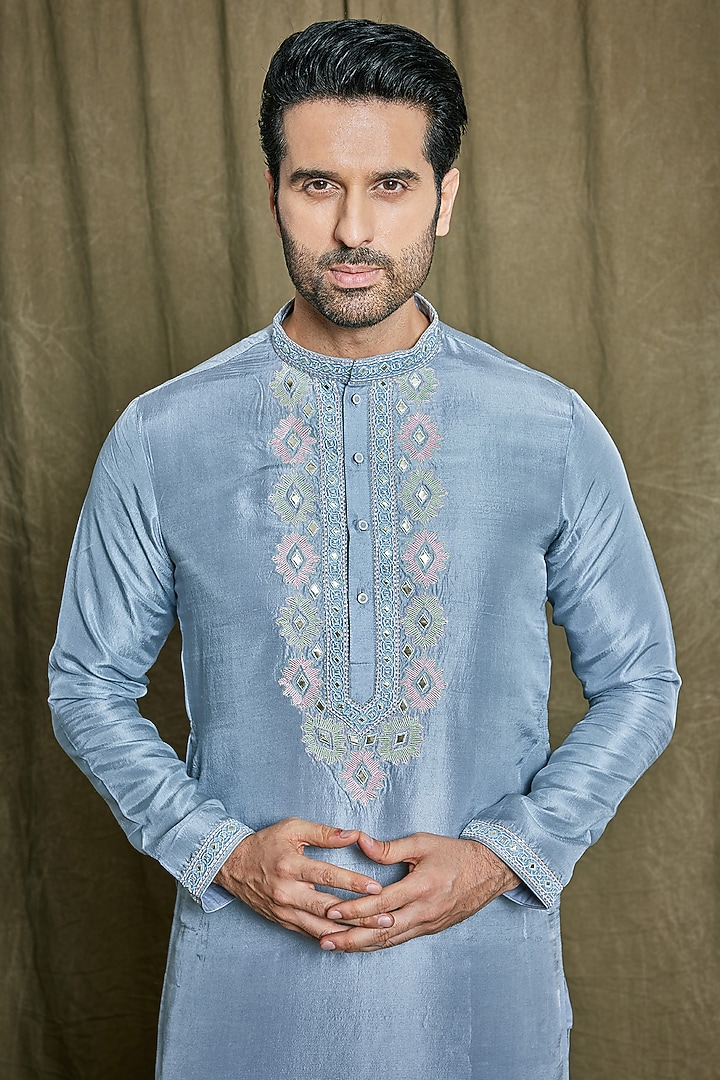 Grey Blue Pure Dupion Silk Resham Embroidered Kurta Set by PARA at Pernia's Pop Up Shop