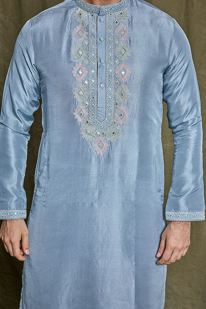 Grey Blue Pure Dupion Silk Resham Embroidered Kurta Set by PARA at Pernia's Pop Up Shop