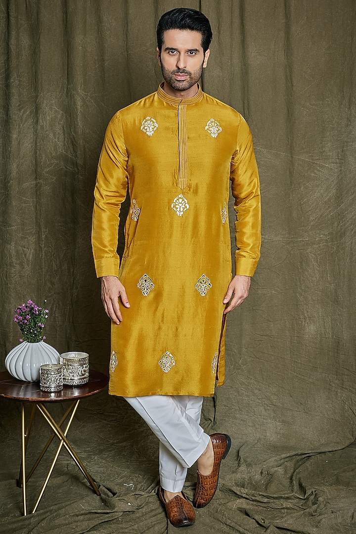 Mustard Pure Dupion Silk Leather Cutwork Embroidered Kurta Set by PARA