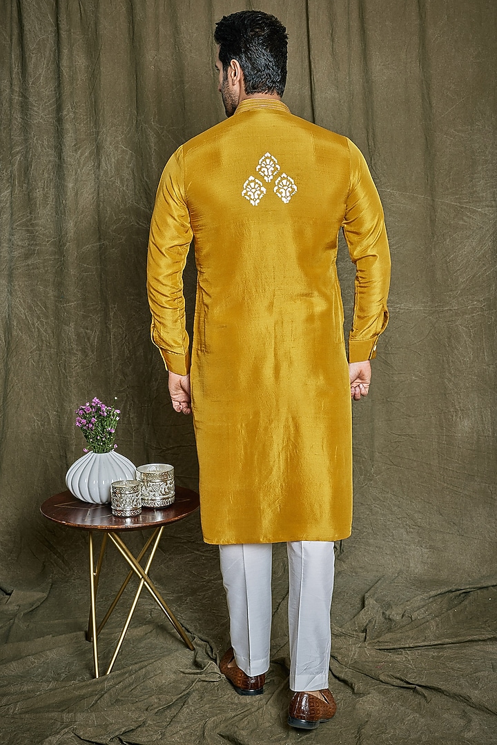 Mustard Pure Dupion Silk Leather Cutwork Embroidered Kurta Set by PARA at Pernia's Pop Up Shop