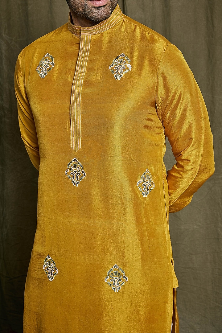 Mustard Pure Dupion Silk Leather Cutwork Embroidered Kurta Set by PARA at Pernia's Pop Up Shop