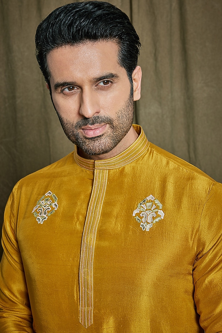 Mustard Pure Dupion Silk Leather Cutwork Embroidered Kurta Set by PARA at Pernia's Pop Up Shop