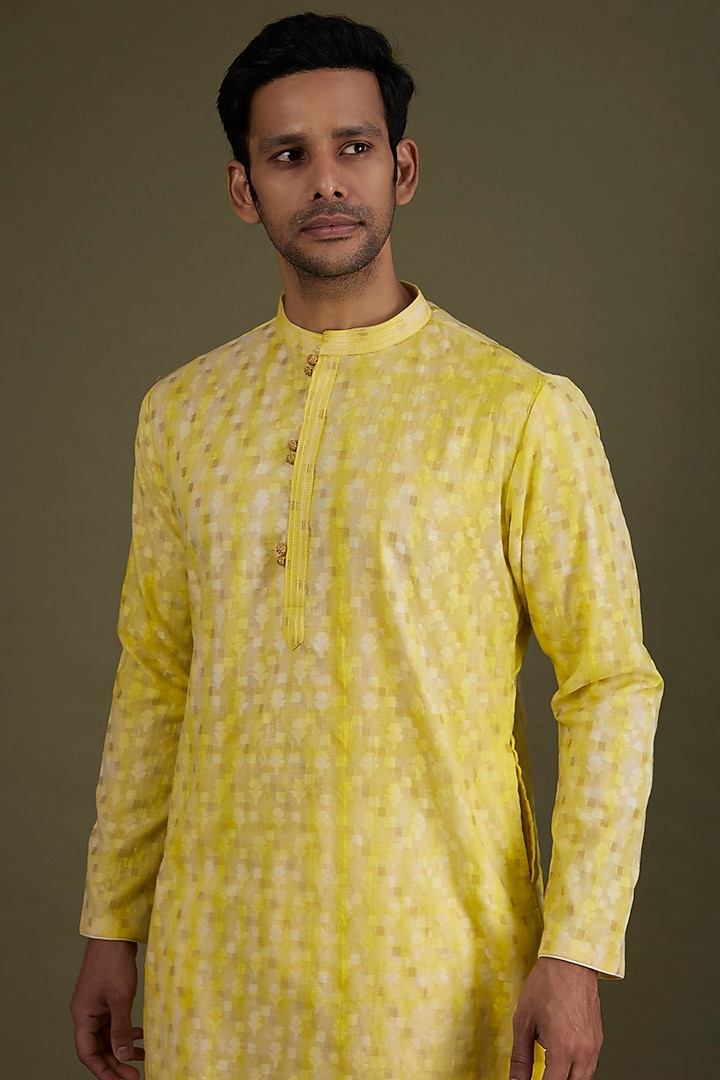 Orange Tussar Printed & Embroidered Kurta Set by PARA at Pernia's Pop Up Shop