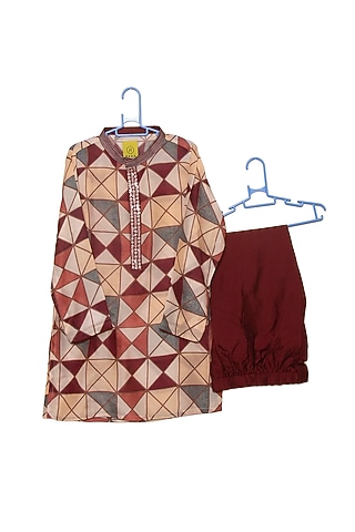 Maroon Printed Kurta Set For Boys by PARA Kids
