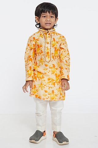 Orange & Cream Printed Kurta Set For Boys by PARA Kids