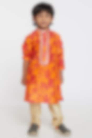 Orange Pink Printed Kurta Set For Boys by PARA Kids