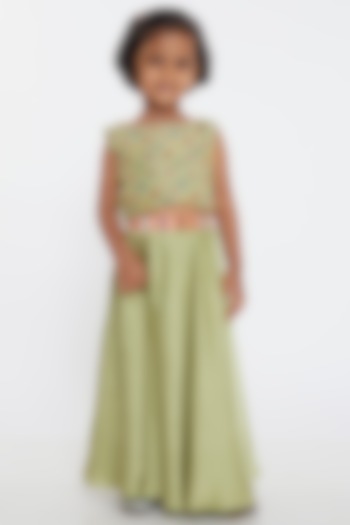 Green Cotton Satin Lehenga Set For Girls by PARA Kids at Pernia's Pop Up Shop