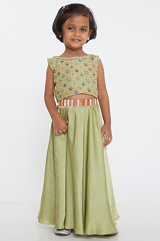 Green Cotton Satin Lehenga Set For Girls by PARA Kids
