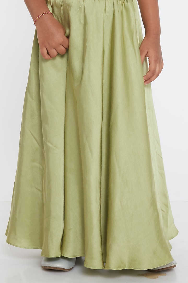 Green Cotton Satin Lehenga Set For Girls by PARA Kids at Pernia's Pop Up Shop