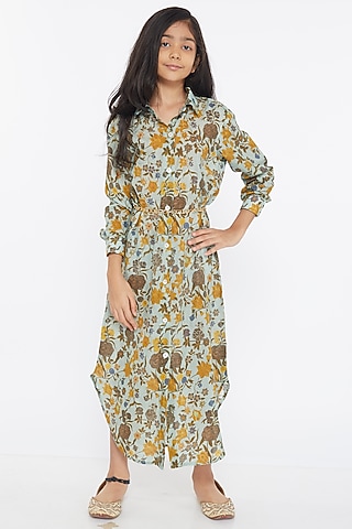 Green Printed Shirt Dress For Girls by PARA Kids