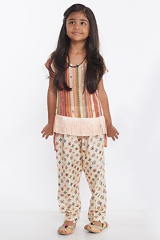 Cream Printed Pant Set For Girls by PARA Kids