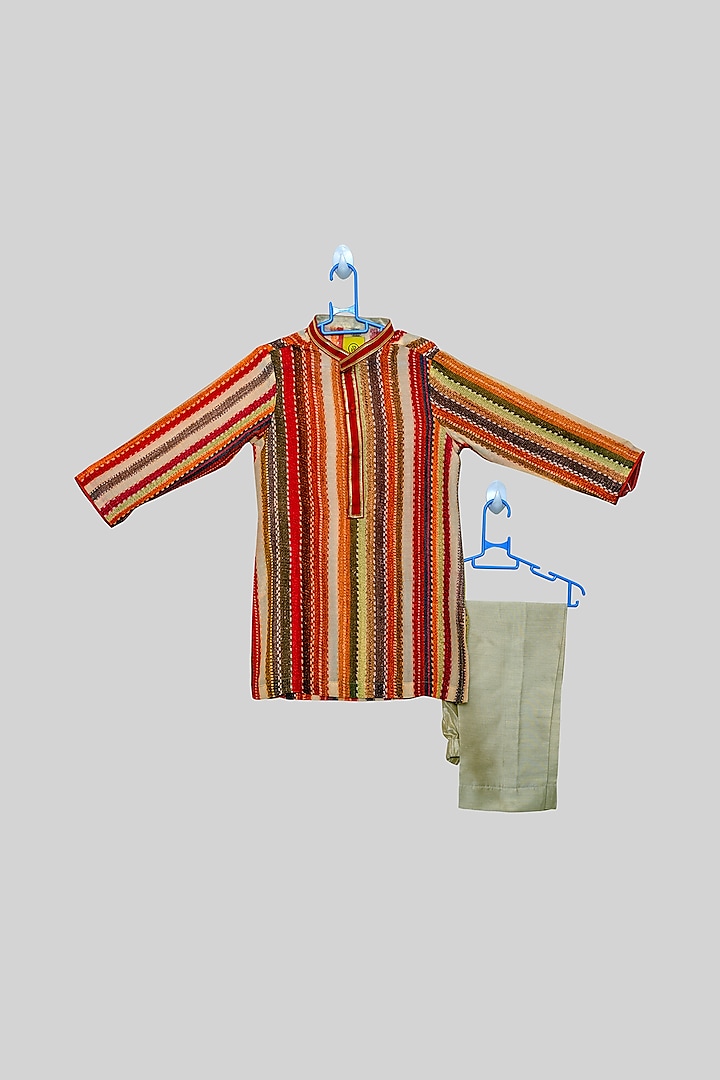 Multi-Coloured Striped Kurta Set For Boys by PARA Kids