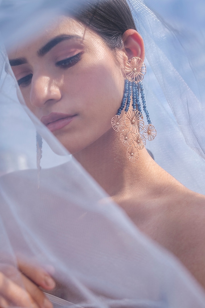 Rose Gold Finish Blue Stone Statement Earrings by PARISHRI at Pernia's Pop Up Shop